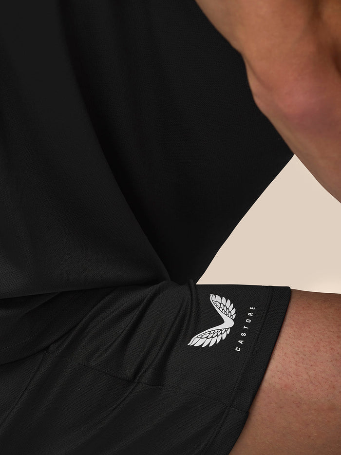 Castore logo on the right thigh of black Adapt Training Shorts.