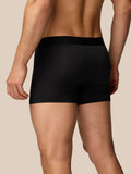 Back view of a male model in black boxer shorts showing the rear seam and logo waistband