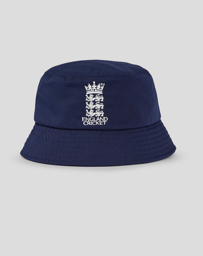 Navy blue England Cricket mono bucket hat with white embroidered crest on front
