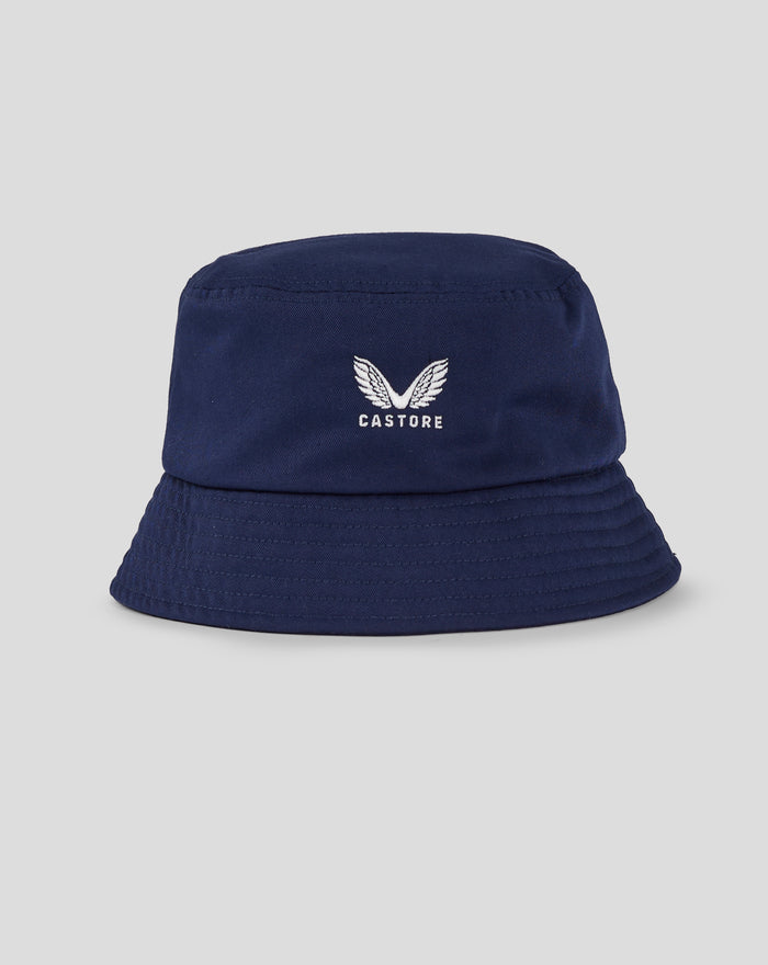 Navy blue bucket hat with white Castore logo on front