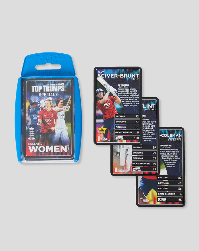 Top Trumps Specials England Women Icons card set with blue case and spread cards