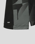 Hem detail of black Manchester Originals shirt with NB DRY logo and gray camouflage panels