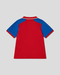 Back view of infant red T20 cricket shirt with blue sleeves