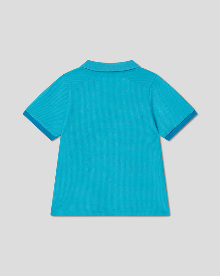 Back view of bright blue infant ODI short sleeve polo shirt