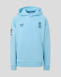 Light blue Travel Adapt fleece hoodie front view with embroidered three lions crest on chest and Castore branding