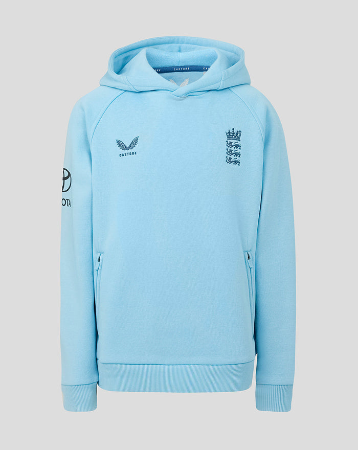 Light blue Travel Adapt fleece hoodie front view with embroidered three lions crest on chest and Castore branding