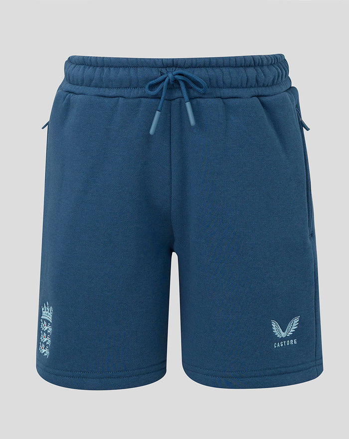 Front view of Junior travel fleece shorts in ensign blue with drawstring waist and Three Lions crest on the leg