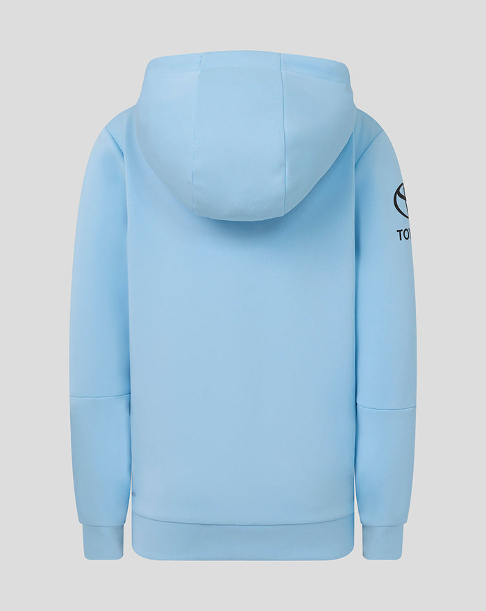 Back view of Junior Travel Flex Full Zip Hoodie in Airy Blue with hood up