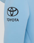 Light blue hoodie sleeve with a large black Toyota logo