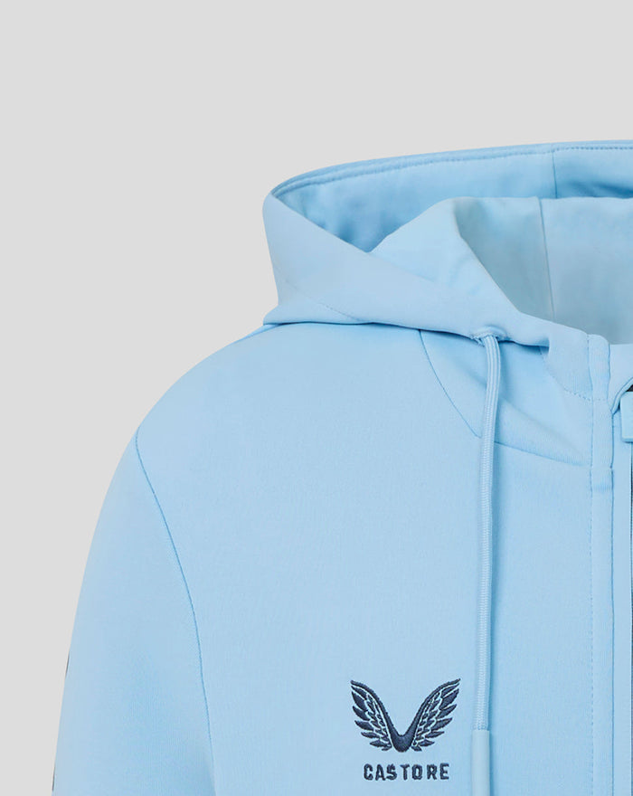 Hooded light blue Travel Flex hoodie with an embroidered Castore wing logo on the chest