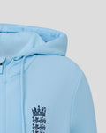 Junior Travel Flex full zip hoodie in airy blue with high collar and embroidered England crest.