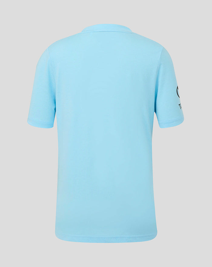 Back view of the airy blue Junior Travel T shirt with clean simple design and short sleeves.