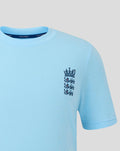 Light blue short-sleeve tee with embroidered navy England Three Lions crest on the left chest