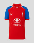 Front view of Junior 26/27 T20 Short Sleeve Shirt in red with blue sleeves, featuring England crest and Toyota logo