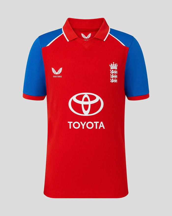 Front view of Junior 26/27 T20 Short Sleeve Shirt in red with blue sleeves, featuring England crest and Toyota logo