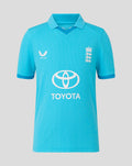 Front view of blue junior ODI shirt with Toyota logo and England crest alongside Castore branding.