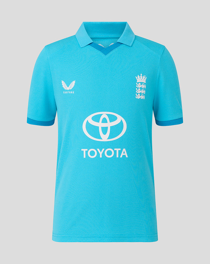 Front view of blue junior ODI shirt with Toyota logo and England crest alongside Castore branding.