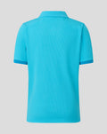 Back view of a bright blue junior ODI cricket shirt with textured mesh fabric.