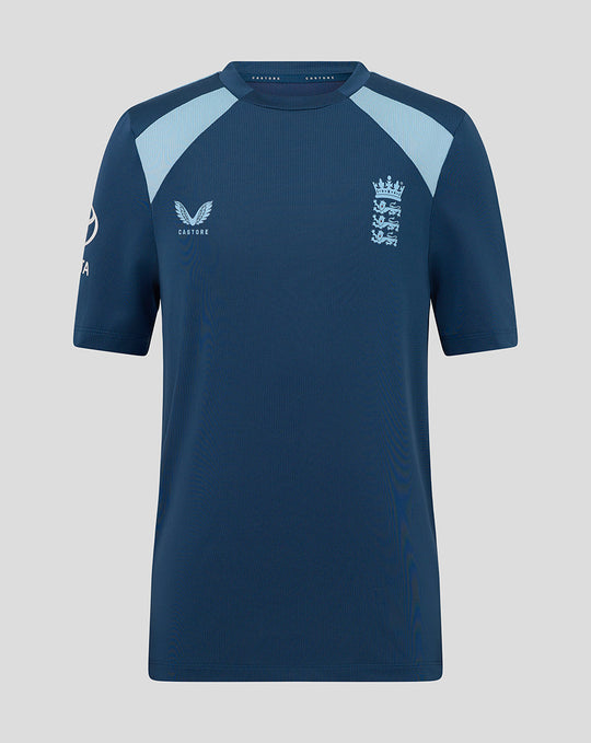 Front view of junior blue training T shirt with England crest on the chest and Castore branding