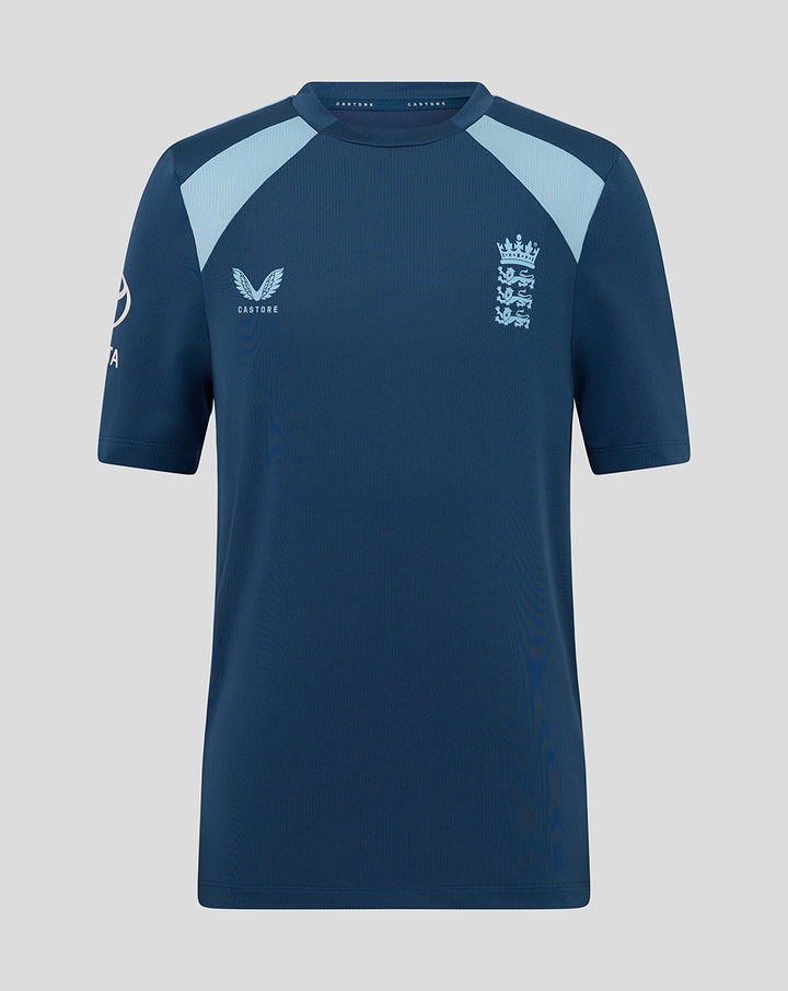 Front view of junior blue training T shirt with England crest on the chest and Castore branding