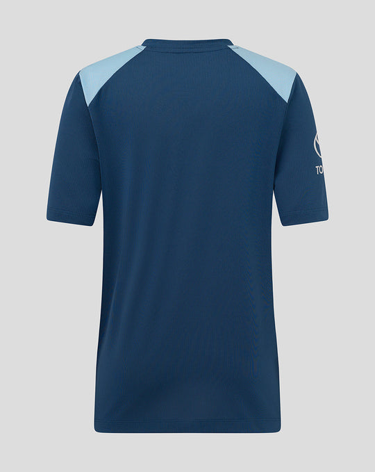 Back view of junior blue training T shirt with light blue shoulder panels