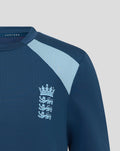 Shoulder view of blue training jersey featuring England crest and Castore label