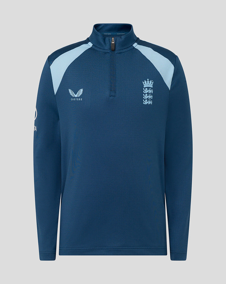 Front view of junior blue training midlayer with light blue shoulder panels and Three Lions crest.