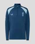 Front view of junior blue training midlayer with light blue shoulder panels and Three Lions crest.