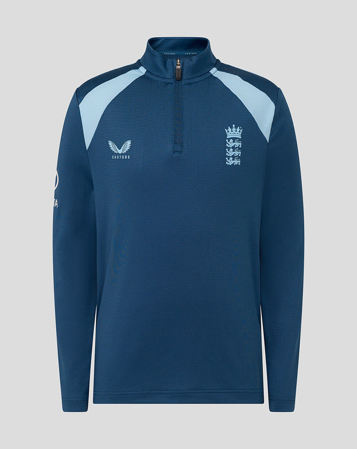 Front view of junior blue training midlayer with light blue shoulder panels and Three Lions crest.