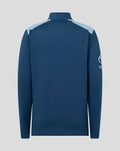 Back view of junior blue training midlayer with pale blue shoulder panels.
