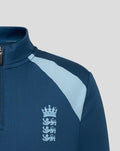 Close-up of a dark blue Junior Training Midlayer with a light blue shoulder panel and the Three Lions crest on the chest