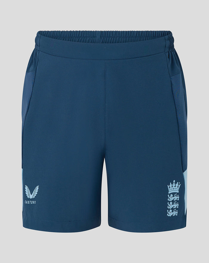 Blue junior training shorts featuring England crest and Castore branding