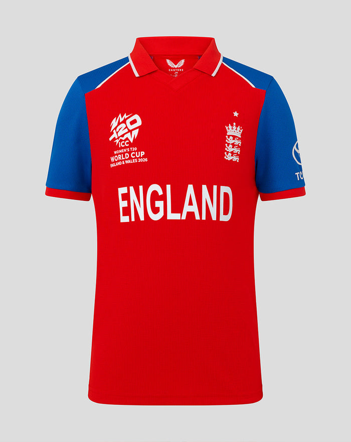 Red England T20 World Cup team shirt with blue sleeves and ENGLAND emblazoned across the front