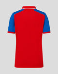 Back view of red junior T20 WWC shirt with blue sleeves and white collar trim