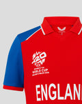 Junior red T20 World Cup England shirt with blue sleeves and large ENGLAND lettering across the front
