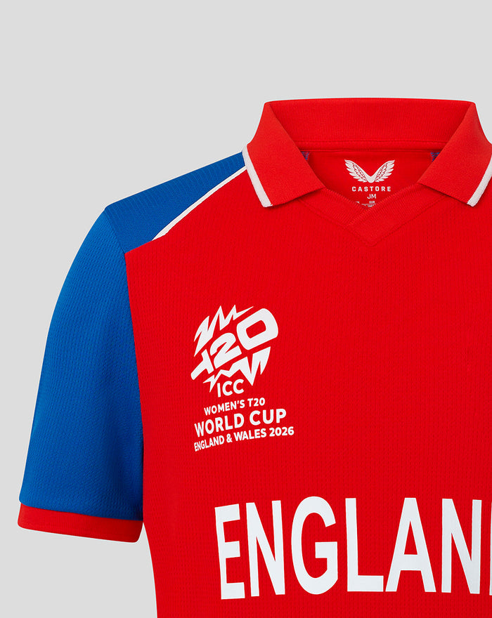 Junior red T20 World Cup England shirt with blue sleeves and large ENGLAND lettering across the front