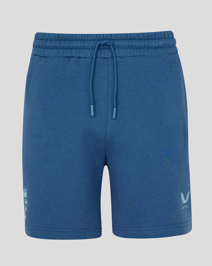 Close-up of waistband and drawstring on Mens Travel Adapt Fleece Shorts in Ensign Blue.