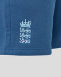 Close up of Ensign Blue fleece fabric with the Navy Three Lions crest embroidery on shorts
