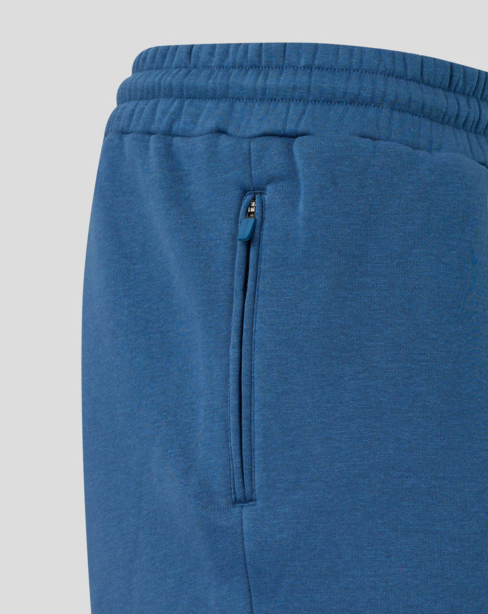 Close up of zipper pocket on Ensign Blue travel fleece shorts
