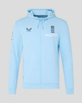 Light blue Travel Flex full zip hoodie with high collar, England crest and Whole Earth branding on the chest