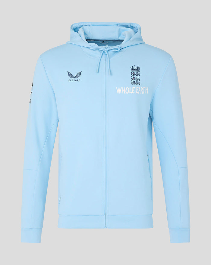 Light blue Travel Flex full zip hoodie with high collar, England crest and Whole Earth branding on the chest