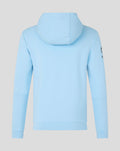 Back view of light blue Travel Flex hoodie with hood and clean hem