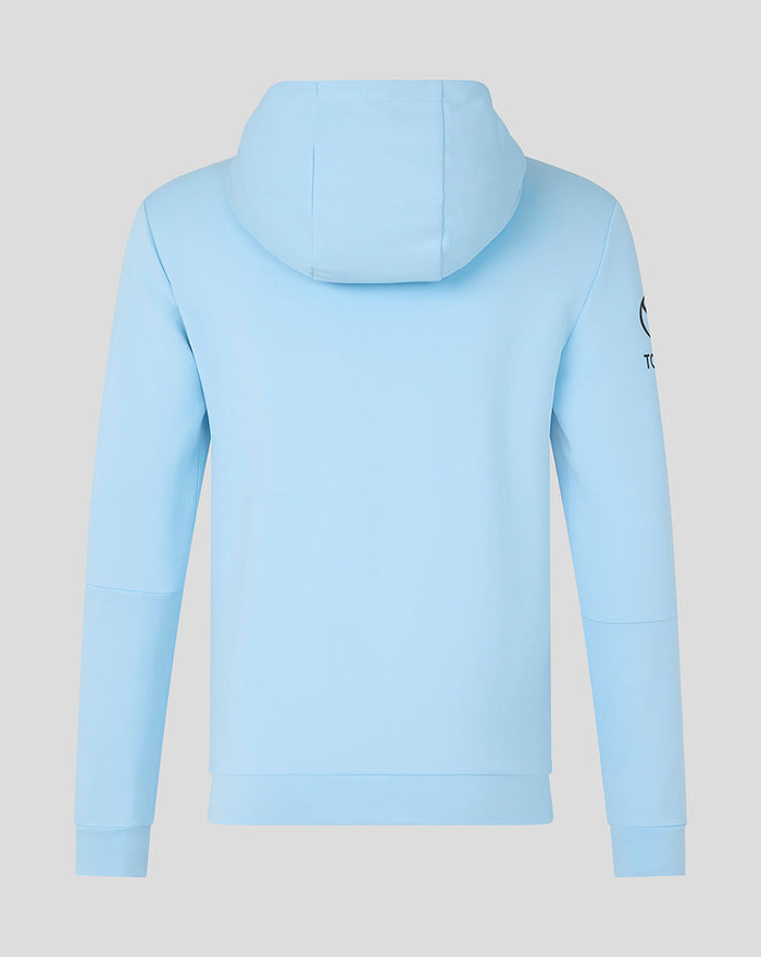 Back view of light blue Travel Flex hoodie with hood and clean hem