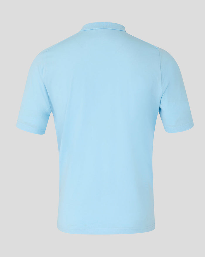 Back view of light blue polo shirt showing clean fabric and classic collar