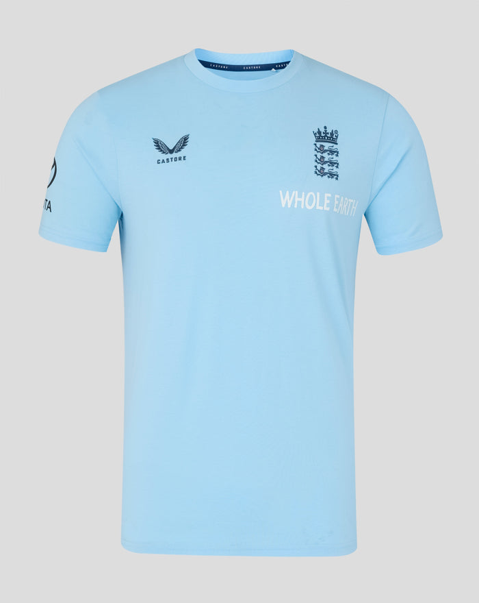 Light blue Travel T shirt featuring Navy Three Lions crest on the chest and Whole Earth branding.
