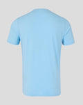 Front view of light blue Travel T-Shirt with navy crest on chest and WHOLE EARTH slogan