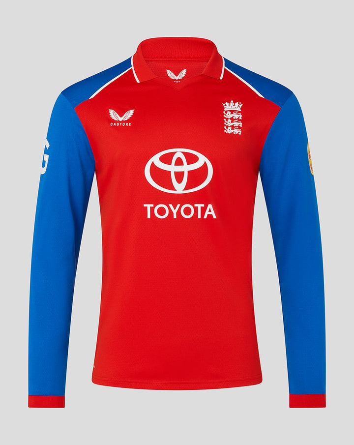 Red T20 Pro long sleeve cricket shirt with blue sleeves and Toyota sponsor logo