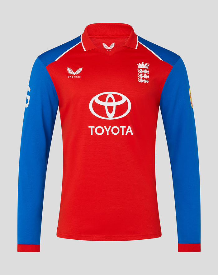 Red T20 Pro long sleeve cricket shirt with blue sleeves and Toyota sponsor logo