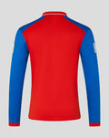 Back view of red T20 Pro long sleeve cricket shirt with blue sleeves