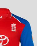 Red England cricket shirt with white crest on chest and blue sleeve panel.